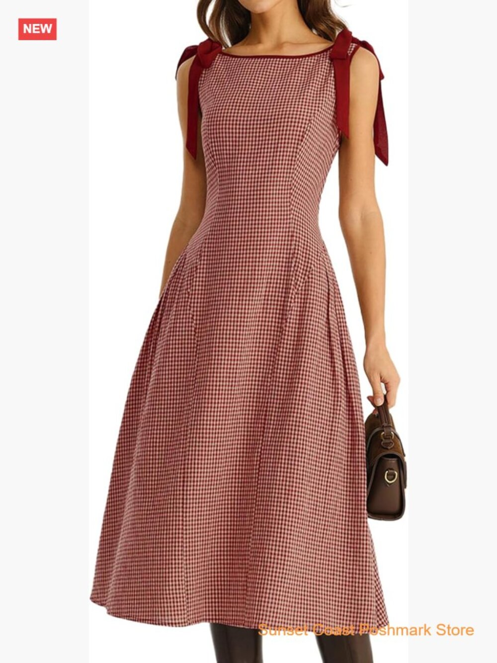 Women's Plaid A-Line Midi Dress Boat Neck Sleeveless Casual Vintage - Picture 1 of 7